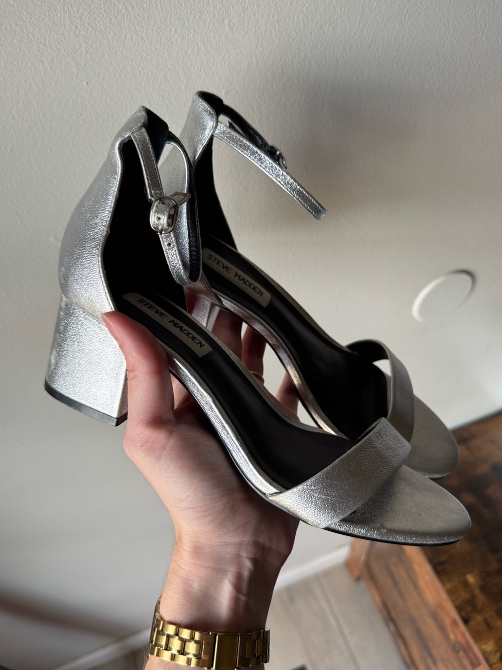 Steve Madden Irenee Silver Metallic Leather Ankle Strap Block Heel Sandals